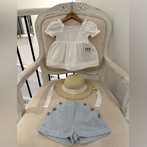 🦢 Baby 24 Mth Swiss Dot Blouse & Striped High Waisted Shorts 3 Piece Set NWT